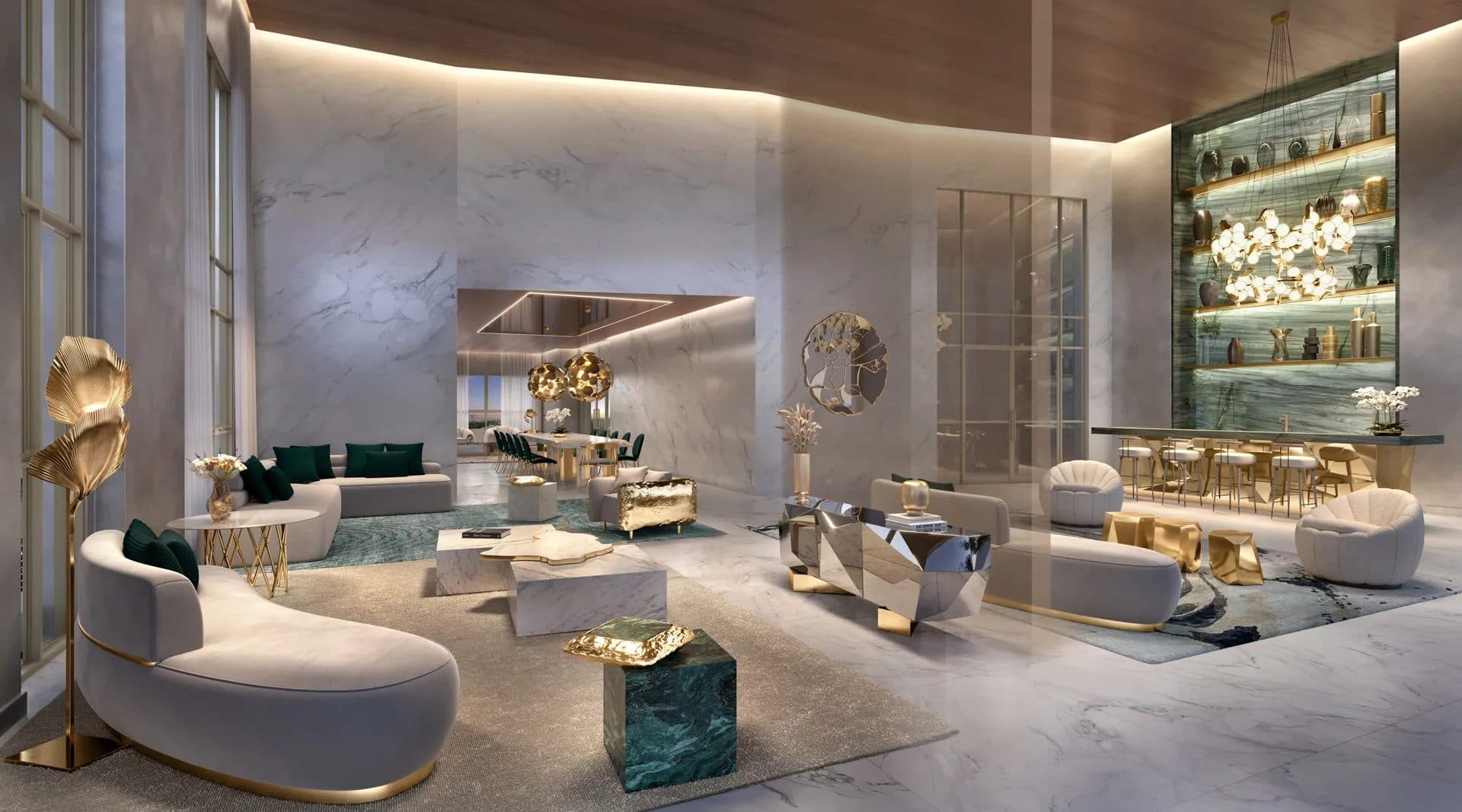 Sala de estar ampla com decoração sofisticada, poltronas, sofás e detalhes em dourado e mármore.